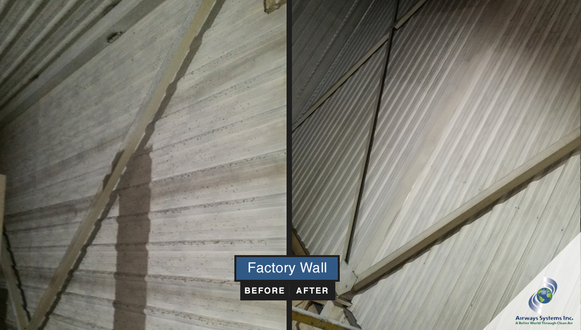 Factory wall before and after cleaning by Airways Systems